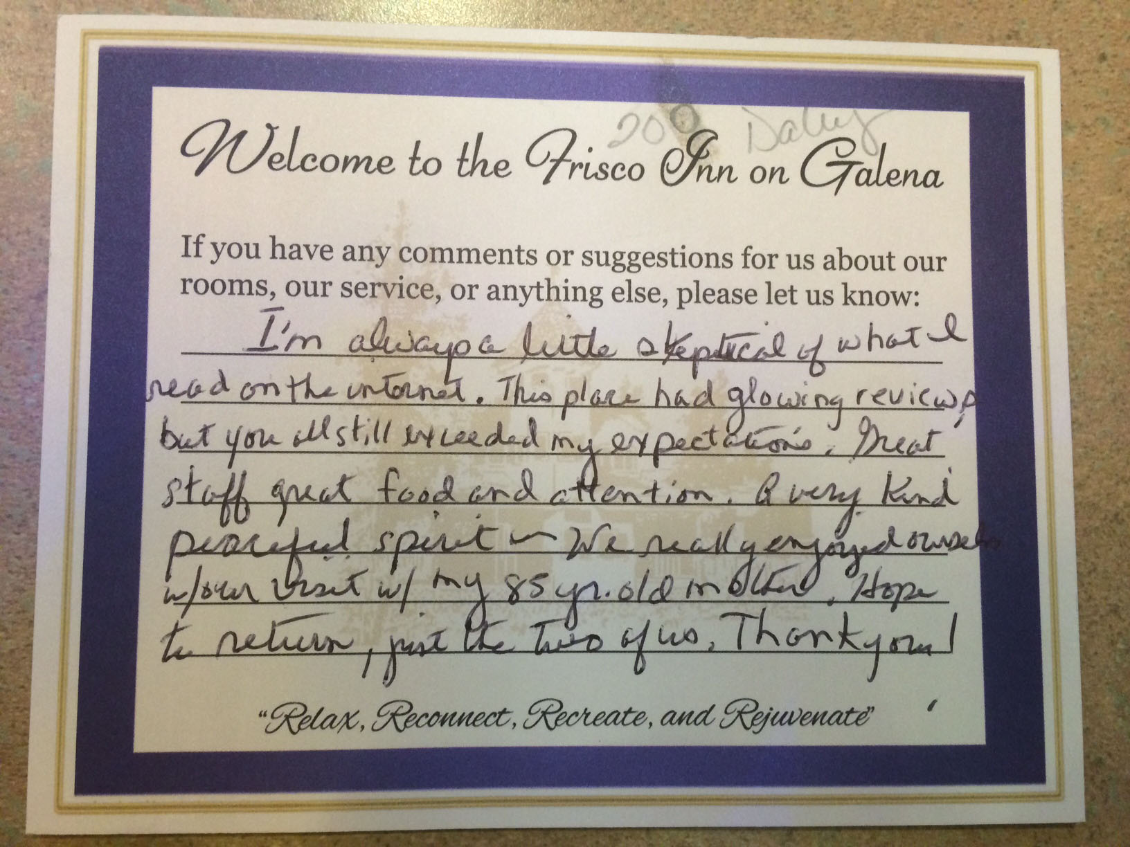 frisco inn on galena guest testimonials